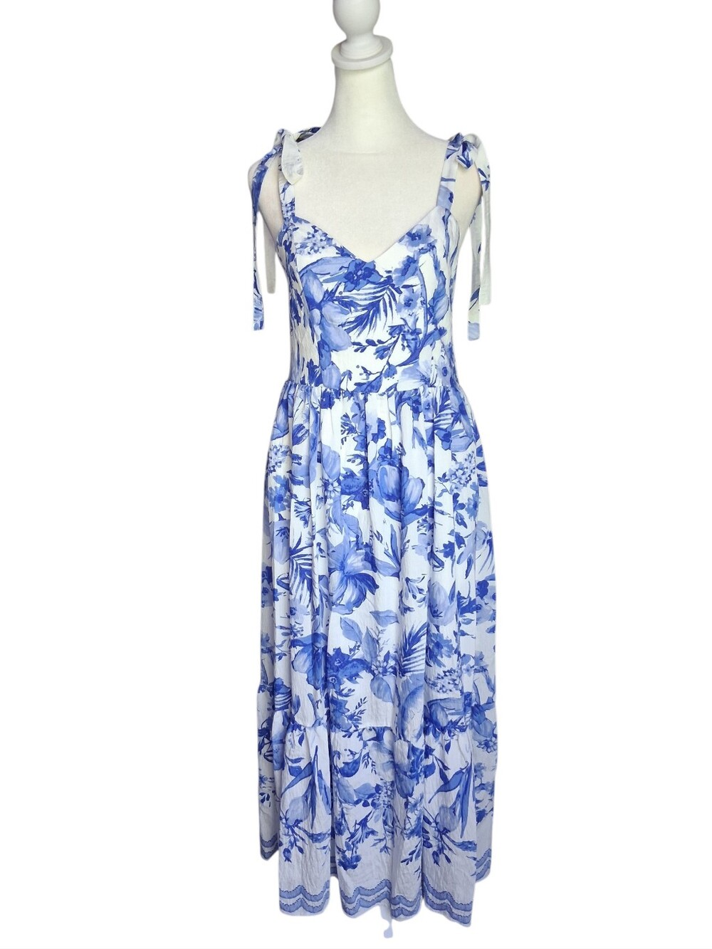 Sam Edelman Floral Toile Corset Bodice Maxi White Blue 6